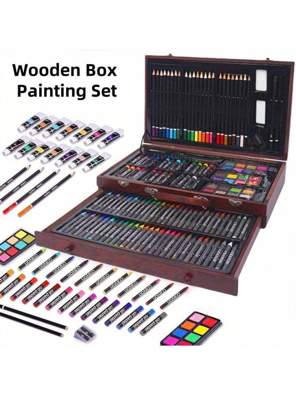 Wooden Box Painting Set 140pcs Deluxe Art Set with Crayons, Acrylic Paints, Colored Pencils